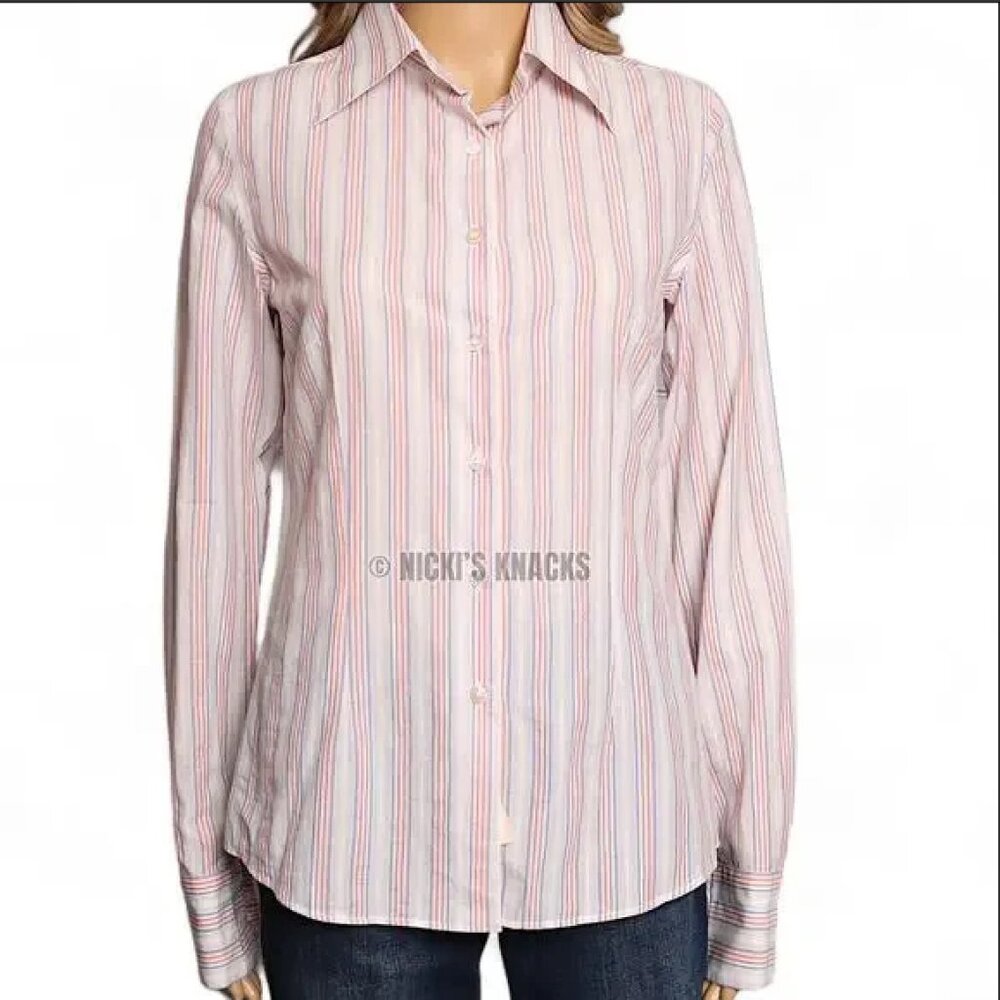 Striped Button Down Shirt White Fitted Cotton Business Casual Long Sleeve Size 4